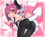  1girl ass bent_over black_legwear breasts cameltoe disgaea disgaea_3 fang female_only from_behind hair hase_yu horns looking_back magenta_hair makai_senki_disgaea_3 nipple_slip nipples panties panties_under_pantyhose pantyhose pink_background pink_eyes pink_hair pointy_ears raspberyl short_hair sideboob solo tail thigh_gap thighs underwear wings zoom_layer 