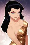  1girl alternate_costume amazon bangs bare_arms bare_shoulders big_breasts black_hair breasts cleavage closed_mouth collarbone dc_comics diana_prince dress eyeshadow female_only female_solo gold_dress gradient gradient_background grey_eyes half-closed_eyes heroine jewelry lens_flare lips lipstick long_hair looking_at_viewer makeup mrfluffypotato naughty_face neck parted_bangs pink_lipstick red_eyeshadow silver_earrings silver_jewelry smile sparkle star_earrings straight_hair strapless strapless_dress superheroine themysciran wonder_woman wonder_woman_(series) yellow_dress 