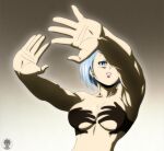 arms_up big_breasts blue_eye blue_hair breasts bulma bulma_brief dragon_ball dragon_ball_xenoverse_3 dragon_ball_z earring hands_casting_shadow nude shadow suture_art xeno_bulma