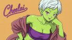  1girl bare_shoulders blush breasts character_name cheelai cleavage collarbone dragon_ball dragon_ball_super dragon_ball_super_(the_movie_of_broly) dragon_ball_super_broly female_only female_solo green_skin lips lipstick looking_at_viewer makeup medium_breasts midriff mrfluffypotato naughty_face neck off_shoulder open_mouth orange_background pink_eyes purple_lipstick short_hair simple_background smile strapless toei_animation white_hair 