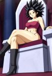  1girl adapted_costume bangs bare_arms bare_legs bare_shoulders big_breasts black_boots black_eyes black_footwear black_hair black_high_heel_boots black_high_heels boots breasts caulifla chair cleavage collarbone crossed_legs crossed_legs_(sitting) dragon_ball dragon_ball_super female_only female_solo footwear from_below grin hair_up high_heel_boots high_heels legs long_hair looking_at_viewer medium_breasts midriff mrfluffypotato naughty_face navel neck panties parted_bangs parted_lips pink_panties pink_tubetop pink_underwear saiyan saiyan_girl sitting sitting_on_chair sitting_on_throne smile spiky_hair strapless thighs throne toei_animation tubetop underwear 