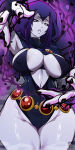 1girl areola_slip arm_up armpits bayeuxman belly_chain big_breasts black_leotard black_nails breasts cape cleavage cloak colored_skin commentary_request curvy dc_comics female fingernails grey_skin high_res jewelry leotard lips looking_at_viewer nail_polish narrow_waist navel outstretched_arms plump purple_cape purple_cloak purple_eyes purple_hair raven_(dc) short_hair sleeved_leotard solo superhero_costume tamaranean teen_titans thick_thighs thighs wide_hips
