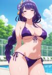 1girl ai_generated arms_behind_back big_breasts bikini blush braided_ponytail breasts cleavage female_only genshin_impact hair_accessory hair_ornament head_accessory head_ornament long_hair outdoor_pool outside pool poolside purple_bikini purple_eyes purple_hair raiden_shogun smile solo_female vegaforge