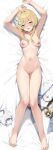  1girl arms_above_head blonde_hair blush breasts censored censored_pussy clothes_on_bed female_only flowers flowers_in_hair genshin_impact henria in_bed lumine_(genshin_impact) medium_breasts naked_female nipples nude nude_female panties panties_on_bed pussy short_hair solo_female white_panties yellow_eyes 