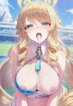 1girl ai_generated big_breasts blonde_hair blue_eyes blush breasts breasts_out cheerleader_outfit cum_dripping_from_mouth cum_in_mouth cum_on_breasts cum_on_tongue detached_collar drill_hair earrings female_only genshin_impact long_hair navia_(genshin_impact) nipples raicyai solo_female stadium tongue tongue_out