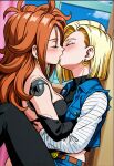 2_girls adapted_costume alternate_costume android android_18 android_21 belt big_breasts black_shirt blonde_female blonde_hair blue_vest blush bob_cut breast_press breasts brown_belt brown_hair cleavage closed_eyes cloud couple day dragon_ball dragon_ball_fighterz dragon_ball_z duo dutch_angle earrings female/female female_only gold_earrings gold_jewelry guloyu84 hair_flaps hoop_earrings hugging indoors jewelry kissing long_hair long_sleeves love medium_breasts midriff multiple_girls mutual_yuri neck romantic romantic_couple shirt short_hair sideboob sky standing standing_on_one_leg toei_animation turtleneck turtleneck_shirt vest window yuri