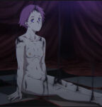 completely_nude dorohedoro ebisu_(dorohedoro) edited looking_at_viewer messy_hair nekom14 nipples pale_skin purple_eyes purple_hair screencap short_hair sitting_on_floor