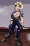  1girl 1girl 1girls alternate_hair_color amazon_prime big_breasts biker_clothes biker_girl biker_jacket bitterbunz blond blond_hair blonde blonde-haired_female blonde_female blonde_hair breasts cleavage female_only hazbin_hotel hazbin_hotel_(season_2) human human_version lute_(hazbin_hotel) sitting sitting_down spindlehorse_toons vivienne_medrano vivziepop 