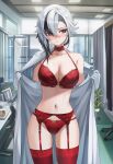 1girl arlecchino_(genshin_impact) big_breasts black_eyes black_hair blush bra breasts choker cleavage female_only garter_belt genshin_impact gloves indoors labcoat multicolored_hair nervous open_labcoat panties red_bra red_choker red_garter_belt red_panties red_pupils red_stockings revergiss shy solo_female stockings white_gloves white_hair x-shaped_pupils