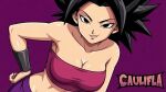 1girl bangs bare_arms bare_shoulders black_eyes black_hair breasts caulifla character_name cleavage collarbone dragon_ball dragon_ball_super female_only female_solo grin hair_up half-closed_eyes long_hair looking_at_viewer medium_breasts midriff mrfluffypotato naughty_face neck parted_bangs parted_lips pink_tubetop purple_background saiyan saiyan_girl simple_background smile spiky_hair strapless toei_animation tubetop