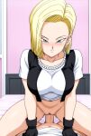  1boy 1girl 1girls ai_generated android_18 bedroom bedroom_eyes big_breasts black_gloves black_vest blonde_hair blue_eyes blush breasts clothed clothed_sex cowgirl_position cyborg_girl dragon_ball dragon_ball_z gloves in_bed male partially_clothed pearl_necklace penis penis_in_pussy pov pussy sex shirt short_hair smile vaginal_penetration vest white_shirt 