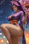  1girl big_breasts bleach brnn bubble_butt cleavage dark-skinned_female horny inviting_to_sex leg_lift legs_up looking_at_viewer pose purple_hair shihouin_yoruichi spread_legs standing teasing thick_thighs yellow_eyes yoruichi yoruichi_shihouin 