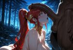 1boy1girl 1girl ai_generated ass curvy curvy_female curvy_figure dark-skinned_male dark_skin erect_penis forest imminent_sex long_hair night nude penis_awe ponytail pyrrha_nikos red_hair rwby