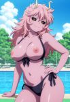 1girl ai_generated big_breasts bikini black_sclera blush boku_no_hero_academia breasts breasts_out female_only golden_eyes hand_on_hip hand_on_own_hip horns long_hair mina_ashido nipples outdoor_pool outside pink_hair pink_skin pool poolside purple_bikini smile solo_female vegaforge