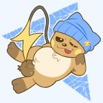  anthro beanie black_eyes blue_headwear blush_stickers bright_pupils brown_eyes brown_fur closed_mouth clothed_pokemon colored_sclera erection feral half-closed_eye half-closed_eyes hand_on_own_cheek hand_up hat lightning_bolt looking_at_viewer lying male nintendo on_back one_eye_closed original_character pawpads penis pokemon pokemon_species samifer_(artist) simple_background smile symbol tail testicles tongue tongue_out white_background white_pupils zoophilia 
