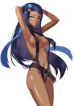 1girl 1girl alluring armpits arms_behind_head arms_up athletic_female bare_arms bare_shoulders belt belt_buckle black_hair black_swimsuit blue_eyes blue_hair blush breasts buckle cleavage cosplay cowboy_shot creatures_(company) dark-skinned_female dark_skin earrings eyeshadow fit_female forehead game_freak high_res hoop_earrings jewelry long_hair makeup medium_breasts misty_(pokemon) misty_(pokemon)_(cosplay) moroes multicolored_hair nessa_(pokemon) nintendo parted_lips pokemon pokemon:_the_electric_tale_of_pikachu pokemon_(game) pokemon_swsh simple_background slingshot_swimsuit smile stomach swimsuit thighs two-tone_hair very_long_hair white_background