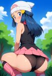  1girl ai-generated ai_generated ass black_panties blue_eyes blue_hair blush creatures_(company) crouching dawn_(pokemon) embarrassed female_focus forest forest_background game_freak hat hikari_(pokemon) looking_back miniskirt nature nintendo panties pokemon pokemon_(anime) scarf upskirt younger_female 
