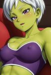  1girl bare_shoulders blush breasts cheelai cleavage collarbone dragon_ball dragon_ball_super dragon_ball_super_(the_movie_of_broly) dragon_ball_super_broly female_only female_solo green_skin head_tilt looking_at_viewer medium_breasts midriff mrfluffypotato neck open_mouth purple_eyes round_teeth short_hair smile strapless teeth toei_animation upper_teeth upper_teeth_only white_hair 