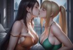 2_girls alternate_costume aqua_camisole aqua_clothing arm_at_side bangs bare_arms bare_shoulders bed big_breasts black_hair blonde_female blonde_hair blush bopitphy breasts camisole cleavage closed_eyes collarbone couple crossover dress duo earring female/female female_only final_fantasy final_fantasy_vii final_fantasy_vii_remake french_kiss high_ponytail indoors jewelry kissing lips long_hair love metroid metroid_other_m metroid_zero_mission multiple_girls mutual_yuri neck nintendo off_shoulder orange_camisole orange_clothing orange_dress pillow ponytail romantic romantic_couple samus_aran sidelocks silver_earrings silver_jewelry square_enix straight_hair strap_slip swept_bangs tied_hair tifa_lockhart upper_body very_long_hair window yuri