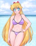  1girl adult_swim alluring big_breasts bikini bishoujo_senshi_sailor_moon bishoujo_senshi_sailor_moon_r bishoujo_senshi_sailor_moon_r_the_movie bishoujo_senshi_sailor_moon_s bishoujo_senshi_sailor_moon_s_the_movie bishoujo_senshi_sailor_moon_supers bishoujo_senshi_sailor_moon_supers_the_movie blonde_hair blue_eyes blush bow cloud cloudy_sky earrings hand_on_own_hip jewelry long_hair minako_aino ocean red_bow sailor_gigi sky swimsuit toei_animation toonami very_long_hair viz_media water 
