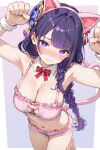  1girl ai_generated big_breasts blush bow bra braided_hair braided_ponytail breasts cat_ear_hairband cat_ears cat_pose cat_tail cleavage detached_collar female_only genshin_impact hair_accessory hair_ornament head_accessory head_ornament long_hair neck_bow nervous pajama_shorts pink_bra pink_shorts purple_eyes purple_hair raiden_shogun red_bow short_shorts shorts solo_female twilights_works white_wristband wristbands 