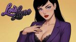 1girl arm_at_side black_bra black_hair bra breasts character_name cleavage collarbone dc_comics earrings female_only female_solo grin hand_up head_tilt jacket jewelry lips lipstick lois_lane long_hair long_sleeves looking_at_viewer makeup medium_breasts mole mole_under_eye mrfluffypotato naughty_face neck open_clothes open_jacket parted_lips pearl pearl_earrings purple_eyes purple_jacket red_lipstick simple_background smile straight_hair superman:_the_animated_series superman_(series) upper_body white_earrings yellow_background