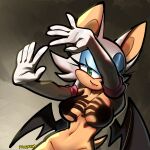 arms_up bat_wings big_breasts breasts convenient_censoring elbow_gloves gloves gloves_only green_eye hands_casting_shadow looking_at_viewer nude praquina rouge_the_bat sega shadow