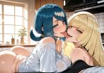 1boy2girls 1girl 2_girls ai_generated ass bisexual blonde_hair blue_hair bulge curvy curvy_female curvy_figure kissing lana's_mother long_hair lusamine mature_female milf pokemon pokemon_sm ponytail threesome yuri