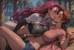 2_girls ahoge bangs bare_legs big_breasts blush breast_press breasts brown_hair closed_eyes collarbone couple delia_ketchum duo earrings eyeshadow female/female female_only forest girl_on_top hand_up jessie_(pokemon) jewelry kissing legs lips love low_ponytail makeup mature mature_female mature_woman midriff milf multiple_girls mutual_yuri nature navel neck nintendo outside parted_bangs pokemon_(anime) pokemon_(game) pokemon_rgby ponytail red_hair river romantic romantic_couple rynxieai shadow short_sleeves straight_hair sunset team_rocket team_rocket_uniform thighs tied_hair tree water yuri