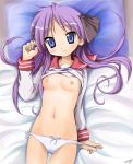  1girl bad_link bed blue_eyes blush breasts clothes_lift groin hair_ribbon hiiragi_kagami kagami_hiiragi long_hair lucky_star lying navel nipples no_bra no_pants on_back panties panty_pull photoshop_(medium) purple_hair red_sailor_collar ribbon ryouou_school_uniform sailor_collar school_uniform serafuku shirt_lift side-tie_panties small_breasts solo thigh_gap tomusooya tsurime underwear white_panties 