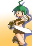  1girl ahoge belt_pouch beltbra blush boots disgaea female_warrior_(disgaea) fighter_(disgaea) gloves green_eyes green_hair headband nude_female pointy_ears solo sweatdrop sword wardrobe_malfunction warrior_(disgaea) weapon 