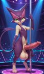  1girl 3_toes 4_fingers absurd_res ai_generated animal_genitalia anthro balls big_balls big_penis bodily_fluids dancing dripping erection eyelashes fangs feet felid feline femboy fingers fur furry_balls generation_5_pokemon genital_fluids genitals green_eyes half-closed_eyes hand_on_leg hand_on_thigh high_res holding_pole huge_balls huge_penis hybrid_genitalia hybrid_penis long_ears long_tail looking_at_viewer male mammal narrowed_eyes nightclub nintendo open_mouth open_smile penile_spines penis pointed_tail pokemon pokemon_(species) pole pole_dancing precum precum_drip precum_on_penis purple_body purple_fur purrloin sheath smile smiling_at_viewer snout tail tan_body tan_fur teeth toes vein veiny_penis yiff_ai_(director) 