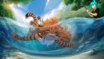 1boy 1girl 2026 7:4 absurd_res anthro ass biped black_stripes blue_hair bottomwear breasts brown_hair bubble casual_nudity chest_tuft claws closed_eyes clothed clothed/nude clothed_human clothed_male clothing conditional_dnp digital_drawing_(artwork) digital_media_(artwork) digitigrade diving duo featureless_breasts feet felid female finger_claws fingers fish_in_mouth fishing_rod flora_(twokinds) fully_clothed fully_clothed_human fully_clothed_male fur hair high_res human keidran male mammal markings narikusha nevermind_(nirvana) nude nude_anthro nude_female orange_body orange_fur orange_tail outside pantherine pawpads paws smile splash splashing_water striped_body striped_fur striped_markings striped_tail stripes swimming tail tail_markings teeth text tiger toes tom_fischbach topwear trace_legacy tuft twokinds underwater url water