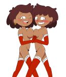  1girl 2_girls amphibia anne_boonchuy ass background big_breasts black_eyes bleached bleached_clothing blush boots breasts brown_hair dark-skinned_female dark_skin disney disney_channel disney_xd earrings female/female grabbing_hands grin huge_breasts mother_&amp;_daughter mrs._boonchuy naked_female nude nude nude_female one_eye_closed open_mouth oum_boonchuy pubic_hair smile_at_viewer white_background 