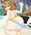 1girl alternate_version_available back_view beach brown_hair brown_tail eyewear green-tinted_eyewear jungle_pocket_(umamusume) light-skinned_female light_skin pulling_clothing q08 tail umamusume umamusume_pretty_derby yellow_clothing
