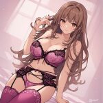 1girl ai_generated aliya_oliveira arm_support bare_arms bare_shoulders big_breasts blush bow_bra bra breasts brown_eyes brown_hair cleavage closed_mouth clothed clothed_female clothing collarbone creamcherrypieai_(artist) curtains floral_print garter_belt garter_straps hand_in_own_hair hand_up huge_breasts indoors lace lace-trimmed_bra lace-trimmed_legwear lace-trimmed_thighhighs lace_trim legwear lingerie long_hair looking_at_viewer panties perchance_ai pink_bra pink_panties pink_thighhighs purple_bra sitting smile solo thighhighs thighs underwear underwear_only very_long_hair window 