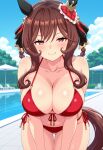  1girl ai_generated big_breasts bikini blush breasts brown_hair cleavage female_only gentildonna_(umamusume) hair_accessory hair_ornament horse_ears horse_girl horse_tail leaning_forward outdoor_pool outside pink_eyes pool poolside red_bikini smile solo_female umamusume umamusume_pretty_derby vegaforge 