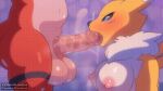  1boy 1girl anthro_female anthro_male blue_eyes blush breasts completely_nude_female deepthroat digimon_tamers erection fox_girl furry_female gif guilmon large_penis nipples nude_female nude_male oral oral_sex penis red_skin renamon steam testicle toei_animation two-tone_fur veiny_penis yellow_fur zonkpunch 