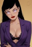  1girl arms_at_sides black_bra black_hair bra closed_mouth collarbone dc_comics earrings female_only female_solo half-closed_eyes hand_on_arm hand_on_own_arm head_tilt jacket jewelry lips lipstick lois_lane long_hair long_sleeves looking_at_viewer makeup mrfluffypotato naughty_face neck open_clothes open_jacket pearl pearl_earrings purple_eyes purple_jacket red_lipstick simple_background smile straight_hair superman:_the_animated_series superman_(series) white_earrings yellow_background 