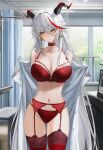 1girl aegir_(azur_lane) azur_lane big_breasts blush bra breasts choker cleavage earrings female_only garter_belt gloves horns indoors labcoat long_hair nervous open_labcoat panties red_bra red_choker red_garter_belt red_hair red_panties red_stockings revergiss ship_girl shy solo_female stockings streaked_hair white_gloves white_hair yellow_eyes