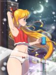 1girl adult_swim alluring arm_behind_head arm_up artist_name balcony bare_arms bishoujo_senshi_sailor_moon bishoujo_senshi_sailor_moon_r bishoujo_senshi_sailor_moon_r_the_movie bishoujo_senshi_sailor_moon_s bishoujo_senshi_sailor_moon_s_the_movie bishoujo_senshi_sailor_moon_supers bishoujo_senshi_sailor_moon_supers_the_movie blonde_hair blue_eyes blurry blurry_background blush bow bow_panties breasts closed_mouth coffee_mug commentary cowboy_shot crescent_moon crop_top cup drinking_glass earrings english_commentary female_focus female_only fur-trimmed_shirt fur_trim hair_bow high_res holding holding_cup jewelry kagato007 legs_together long_hair looking_afar medium_breasts minako_aino moon mug navel night outside panties profile red_bow red_shirt sailor_venus shirt small_breasts snowing solo_female solo_focus standing stomach thighs toei_animation toonami underwear variant_set very_long_hair viz_media watermark web_address white_panties wind