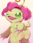 1girl 1girl anus ass badwingm blush bodily_fluids claws cleft_of_venus completely_nude digimon digimon_adventure female_focus flora_fauna gradient gradient_background green_eyes green_skin high_res looking_back nude one_eye_closed open_mouth palmon plant_girl presenting presenting_hindquarters pussy shiny shiny_skin simple_background sweat tail toei_animation