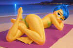 1girl 2026 ai_generated anus ass beach blue_eyes blue_hair bra disney high_res humanization inside_out inside_out_2 joy_(inside_out) lying night on_side open_mouth panties pixar pussy short_hair