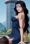  1girl adapted_costume alternate_costume amazon arm_support arms_at_sides back bangs bare_arms bare_shoulders big_breasts black_hair black_legwear black_thighhighs blue_dress blue_eyes blurry blurry_background breasts building closed_mouth day dc_comics diana_prince dress female_only female_solo from_side garter_straps half-closed_eyes heroine jewelry lavender_lipstick legwear lips lipstick long_hair looking_at_viewer makeup medium_breasts mrfluffypotato naughty_face neck outside parted_bangs pink_lipstick purple_lipstick shadow short_dress side_slit sideboob silver_jewelry smile star star_(symbol) star_print stockings straight_hair strapless strapless_dress superhero_costume superheroine themysciran tiara tower wonder_woman wonder_woman_(series) 