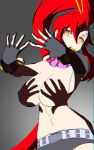 arms_up big_breasts breasts convenient_censoring elbow_gloves gloves hands_casting_shadow looking_at_viewer neckwear nude ponytail red_hair scarf shadow shorts tengen_toppa_gurren-lagann ura_dora yellow_eyes yoko_littner