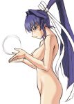  1girl blue_eyes breasts cleavage collarbone female floating_object from_side groin hair_ribbon long_hair meiya_mitsurugi misnon_the_great mitsurugi_meiya muv-luv muvluv nipples nude ponytail profile ribbon sideboob simple_background solo sphere standing very_long_hair white_background 