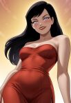  1girl alternate_costume arms_at_sides bare_arms bare_shoulders black_hair blush breasts cleavage collarbone dc_comics dress female_only female_solo from_below grin lips lipstick lois_lane long_hair looking_at_viewer looking_down makeup medium_breasts mrfluffypotato naughty_face neck parted_lips purple_eyes red_dress red_lipstick side_slit small_breasts smile straight_hair strapless strapless_dress superman:_the_animated_series superman_(series) yellow_background 