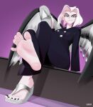 1girl 1girls absurd_res amazon_prime angel_girl angel_wings barefoot black_nails black_toenails crossed_legs feet foot_focus footprints hazbin_hotel hellaverse high_res holding holding_footwear holding_sandals holding_unworn_clothes lute_(hazbin_hotel) nail_polish sandals simple_background sitting smirk soles spindlehorse_toons staerk toenail_polish toenails toes twitter twitter_username vivienne_medrano vivziepop white_hair wings