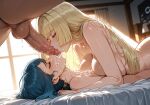  1boy2girls 1girl 2_girls ai_generated blonde_hair blue_hair cum cum_on_body curvy curvy_female curvy_figure fellatio kissing_penis lana's_mother long_hair lusamine mature_female milf nude pokemon pokemon_sm ponytail sex threesome 