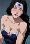  1girl adapted_costume alternate_costume amazon arms_at_sides bangs bare_arms bare_shoulders black_hair blue_dress blue_eyes blush breasts cleavage closed_mouth collarbone dc_comics diana_prince dress female_only female_solo from_above grey_background half-closed_eyes head_tilt heroine jewelry lavender_lipstick lips lipstick long_hair looking_at_viewer looking_up makeup medium_breasts mrfluffypotato neck parted_bangs purple_lipstick silver_jewelry simple_background smile star star_(symbol) star_print straight_hair strapless strapless_dress superhero_costume superheroine themysciran tiara wonder_woman wonder_woman_(series) 